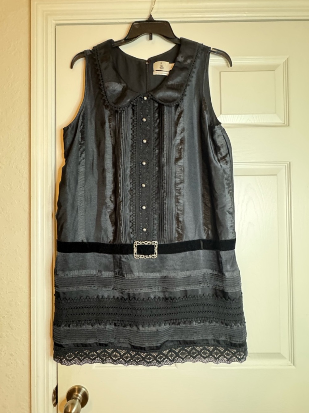 Anna Sui Black Satin Mini Dress with Velvet Belt & Lace Trim XL